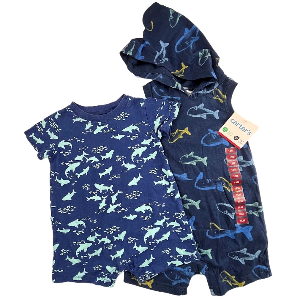 Carter's Baby Boy 18 Mos Shark Outfit Lot Romper Shortall Cotton Hooded